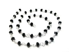 3 Feet Black Quartz Rondelle Faceted 3-4mm, Rosary Chain Silver Wire