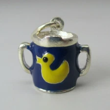 Sterling Silver BLUE SIPPY CUP Charm GENDER REVEAL Baby Shower Gift DUCK Cute!
