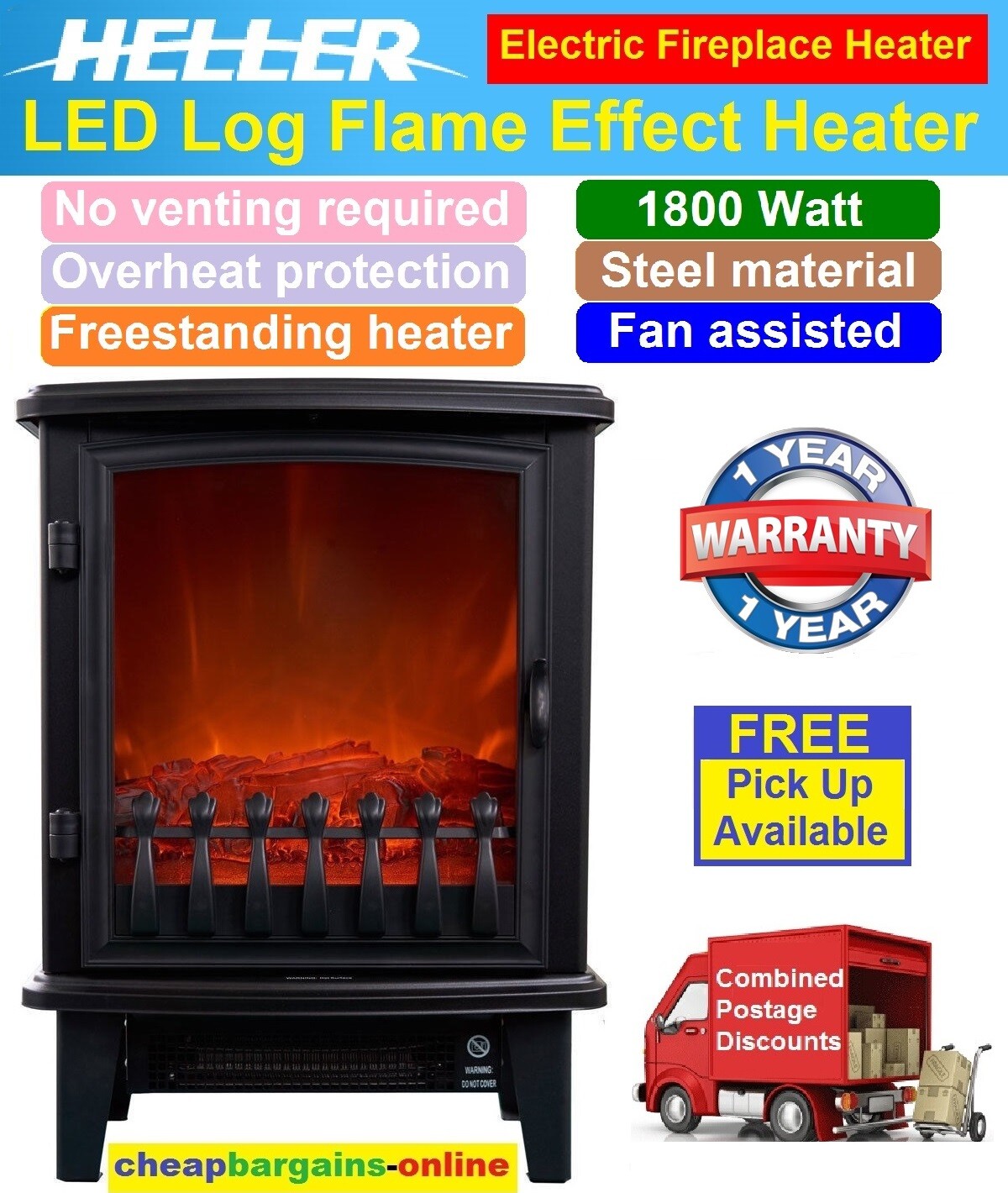 ELECTRIC FIREPLACE HEATER FIRE FLAME EFFECT HELLER 1800 W PORTABLE  FREESTANDING | eBay