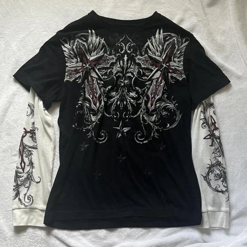 Y2k T Shirt Graphic Cross Wings Print Long Sleeve Tops 2000s Aesthetic  Grunge