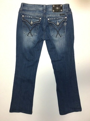 Miss Me Low Rise Flare Jean Destroyed Stretch Blue Denim 28x35 Embellished Flap - Foto 2 di 12
