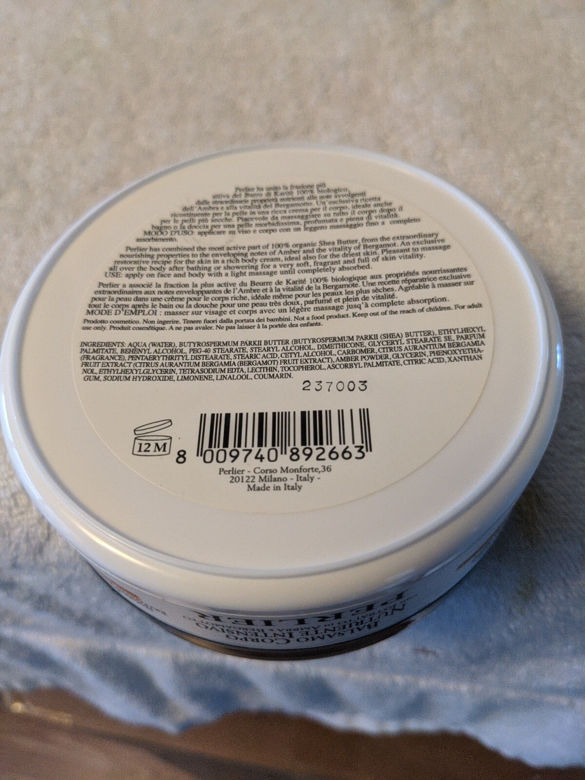PERLIER Shea Butter Intensive Body Balm/Cream w/ Amber & Bergamot Extract-READ