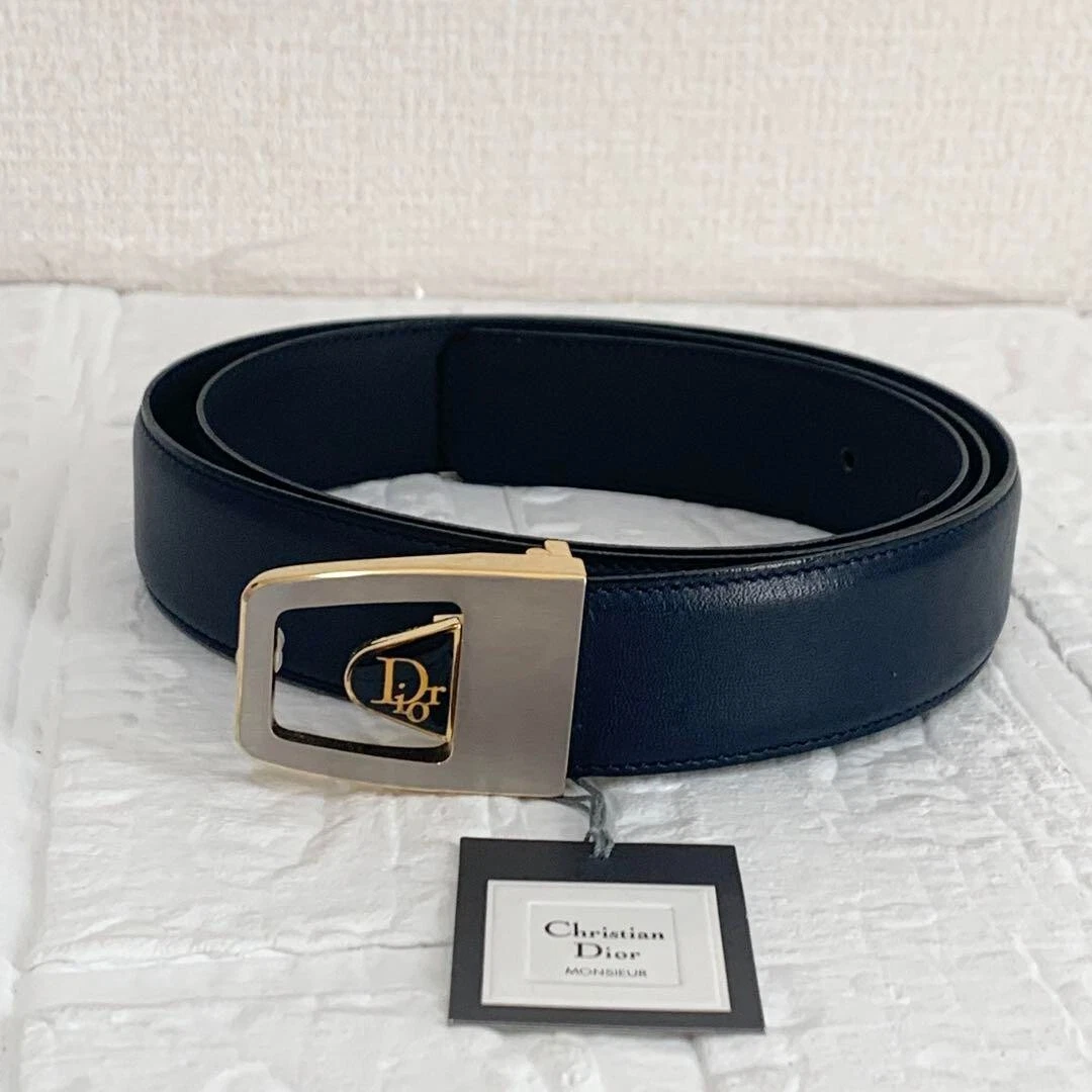Christian Dior MONSIEUR ceinture cuir bleu marine logo boucle D757
