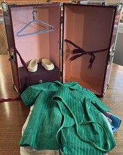 Vintage Red Metal Doll Trunk Carrying Case Wardrobe Drawer Hangers Clothing