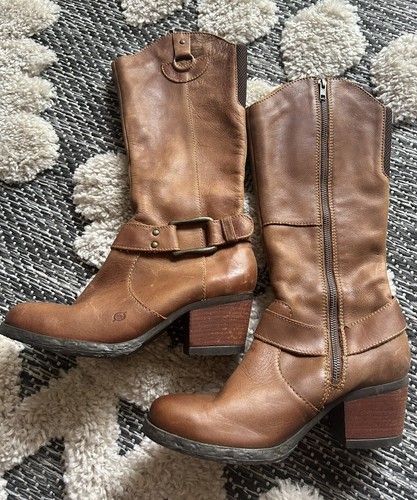 BORN Caramel Leather Tall Boots W/Heel. Beautiful. Size: 40.5 EUC Size: 10 US - Picture 9 of 10