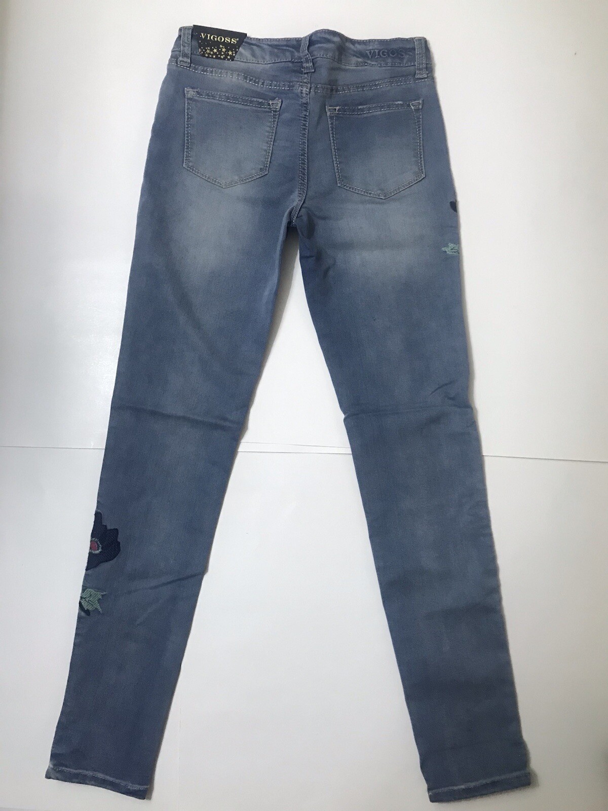 NWT Vigoss Girl's Stretch Floral Embroidered Blue Denim Jeans Sz 16 / 26x30 $36