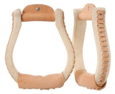 Western Oxbow Stirrups - Leather Laced - 1" Wide - Rawhide Wrapped - 3" Neck