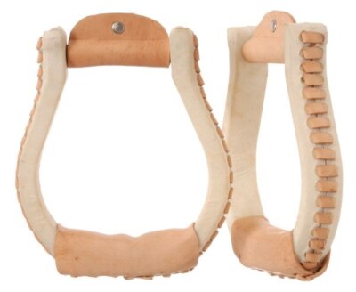 Western Oxbow Stirrups - Leather Laced - 1'' Wide - Rawhide Wrapped - 3'' Neck