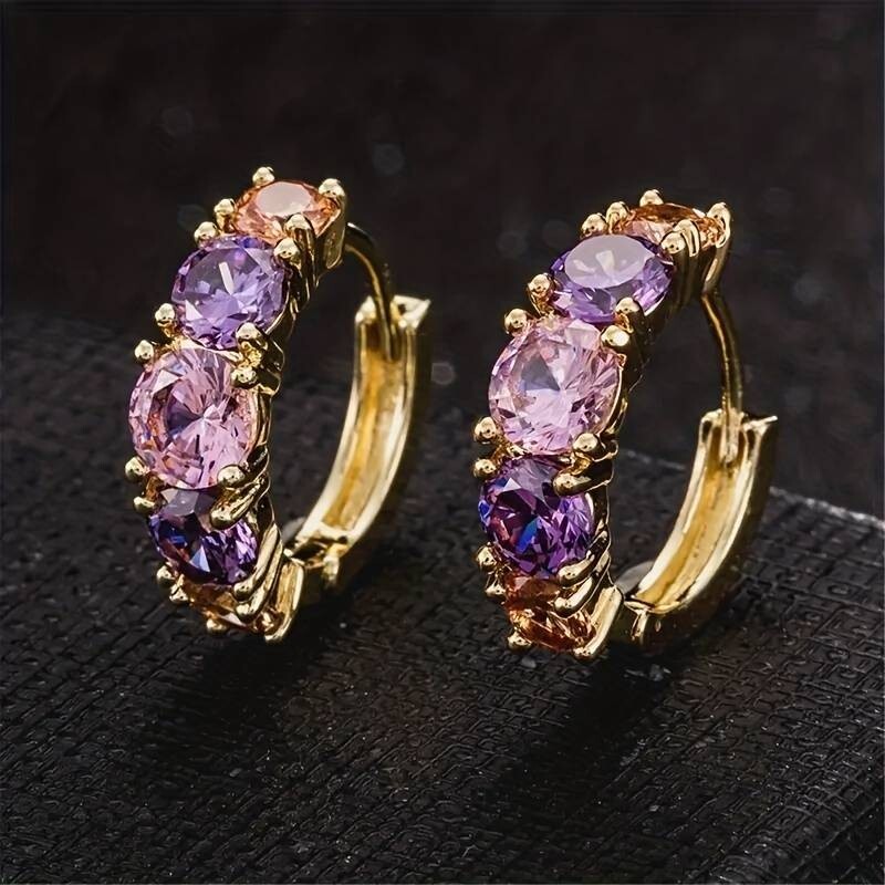 18K Gold Plated Hoop Earrings with Pink Zircon Stones