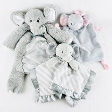 Lot of 3 Grey Elephant Themed Lovey Security Blanket Rattle Plush Baby Toy