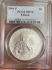 2004-P PCGS MS70 Thomas Edison Silver Uncirculated Perfect $1 Coin! US Mint🔥💡