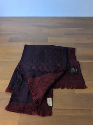 Gucci GG Jacquard Wool Silk Reversible Scarf Red/Blue