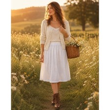 White Elastic Waist Textured Floral Peasant Boho Western Midi Skirt Pockets S