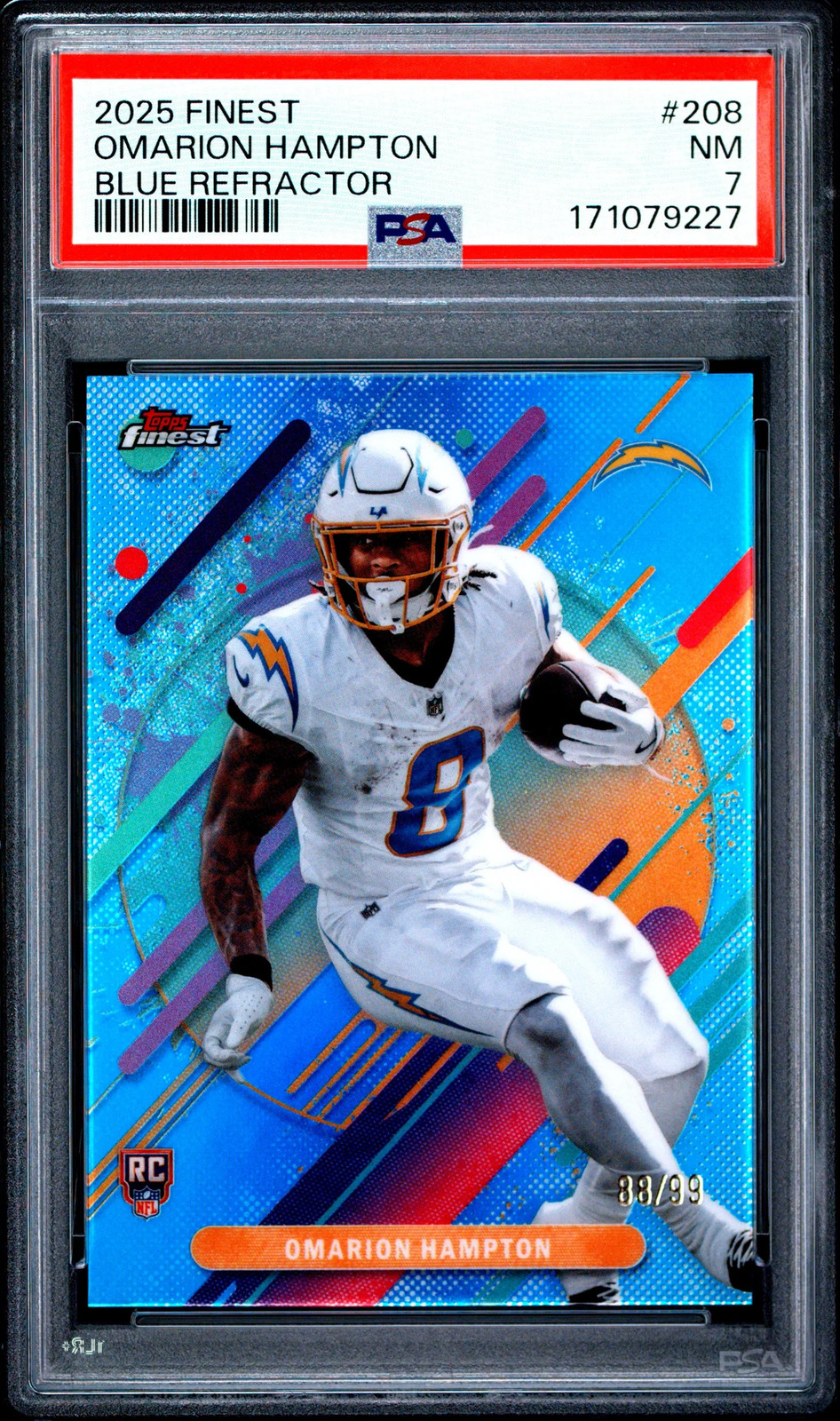 2025 Topps Finest Omarion Hampton #208 Blue Refractor 88/99 PSA 7