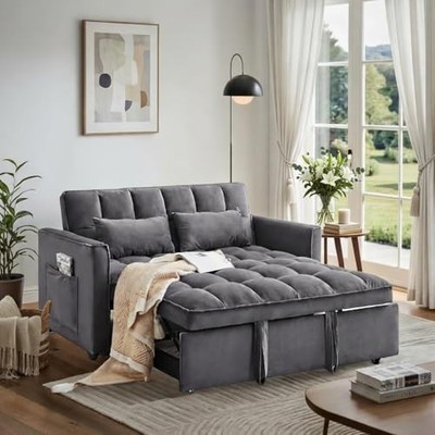 3 in 1 Convertible Sleeper Sofa Bed, Velvet Pull Out Futon Couch