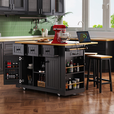 K&K 53inch Large Kitchen Island with 2 Bar Stools, Power Outlet,Door Internal