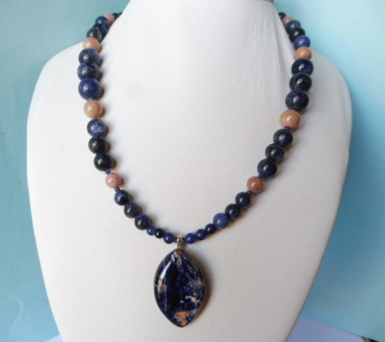 Collier en Dumortiérite et Rhodochrosite, cadeau en argent massif