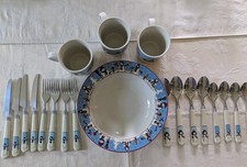 VTG Lot of 20 Snowman Serenade I Dinnerware Utensils Mugs Bowl Meiwa Table Art