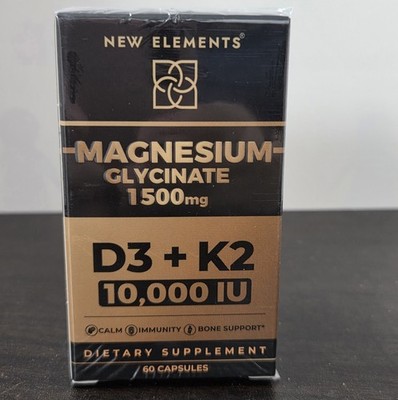 New Elements Magnesium Glycinate 1500mg Vitamin D3+K2 10,000 IU - 60 ct - 06/27