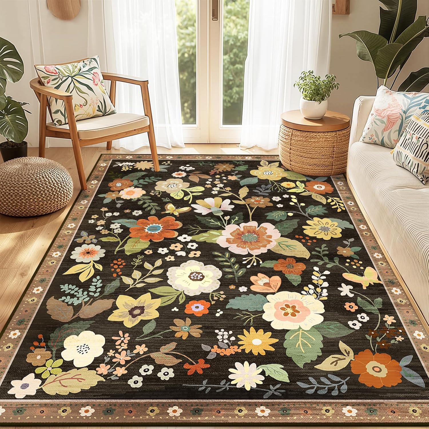 Floral Nursery 5X7 Area Rugs Machine Washable Soft Print Boho Carpet Non Slip Fl