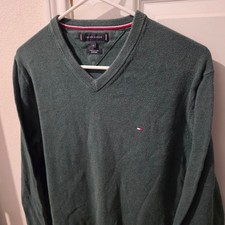 Tommy Hilfiger Mens Green Pima Cotton Cashmere V-Neck Sweater Size M Logo