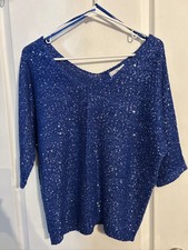 H Halston Blue Sequin V Neck Knit Sweater Top Large