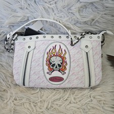 Ed Hardy White Pink Skull Flame Shoulder Bag Rhinestone Y2K Tattoo NWT NoStrap