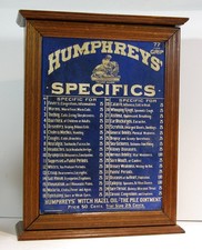 1890s HUMPHREYS HOMEOPATHIC MEDICINE COUNTERTOP DISPLAY CABINET TIN SIGN INSERTS