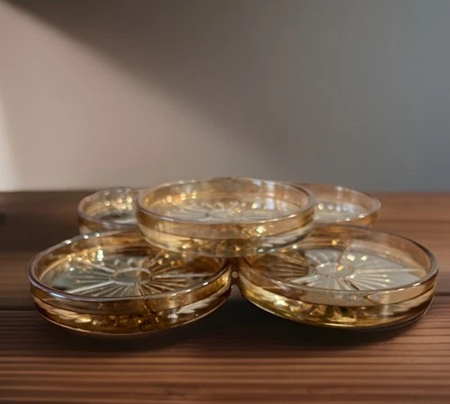 5 Vintage Federal Glass Iridescent Gold Atomic Starburst Coasters Art Deco Glow!