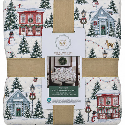 Rachel Ashwell Farmhouse Christmas Village Full Queen Quilt 2 Shams Cotton NEW