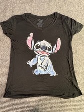 Disney Stitch Graphic T-Shirt Women's XL Black V-Neck Rayon Blend Top