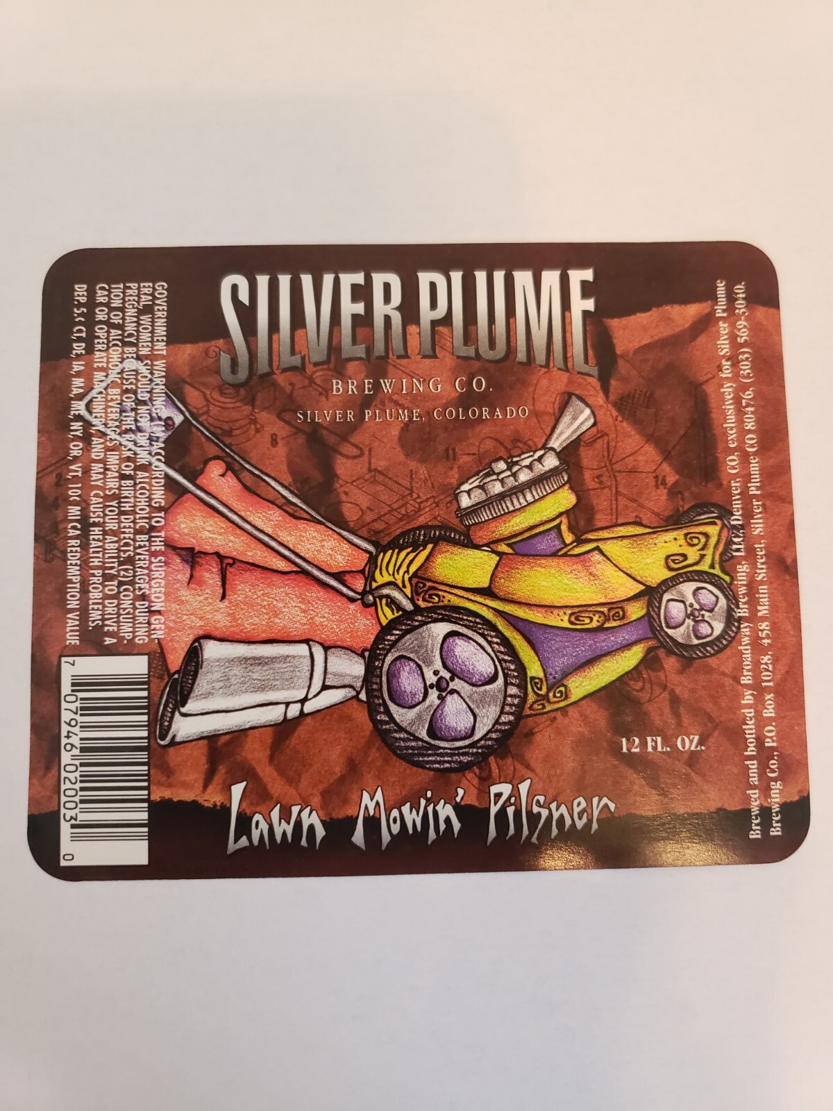 Silver Plume Brewing Beer 12oz Label Silver Plume Colorado Lawn Mower