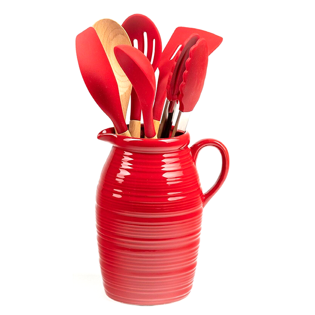 Farmhouse Crock and Utensil Set 7 Piece Red Ceramic Crock Kitchen Tool Set eBay