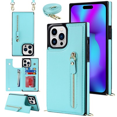 For iPhone 15 Pro Max 14 13 12 11 XR XS Zip Card Pocket Phone Case With Lanyard