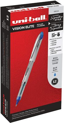 61104 Uni-Ball Vision Elite Rollerball Pen, Bold 0.8mm, Blue, Box of 12