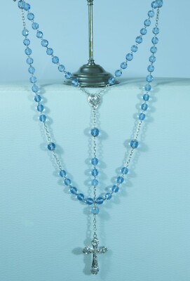 Großer schöner antiker Rosenkranz hellblau Glas & Silber 25 13/16'' Rokokostil