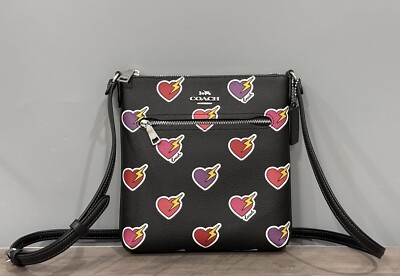 COACH CW418 Mini Rowan File Bag Heart Print Coated Canvas Leather Black  Multi
