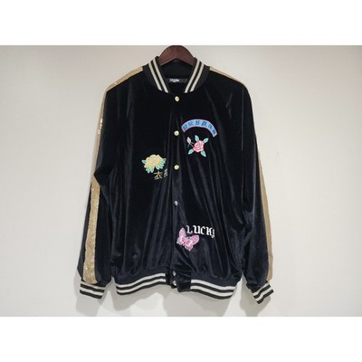 Jaded London Lucky One Velvet Bomber Jacket Women Large Black Gold Sequin Stripe