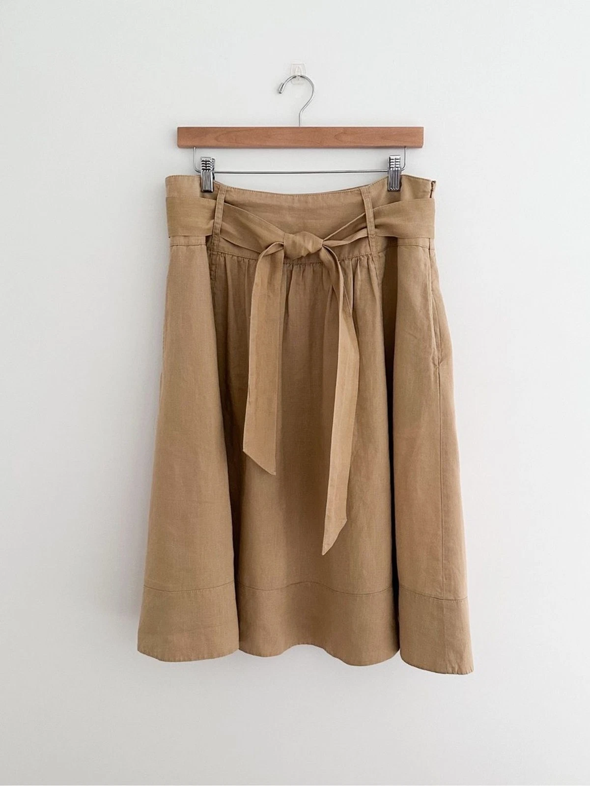 Jones New York 100% Linen Skirt Golden Camel Tan Midi Belted Gathered Size 8