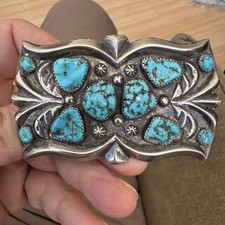 Nice! Vtg. Navajo Southwestern Sterling Silver & Turquoise Belt Buckle