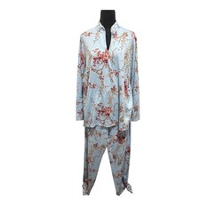 Natori Pajama Set Blue Floral Print Long Sleeve Top Pants Women's Size L