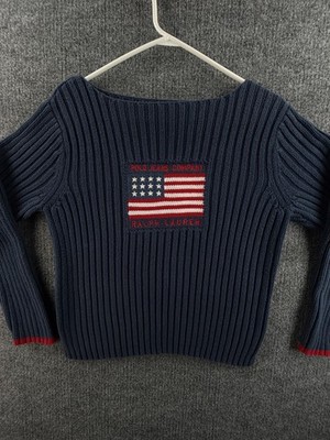 Ralph Lauren Boat Neck Ribbed USA Flag Polo Jeans Company Sweater Blue Logo XL