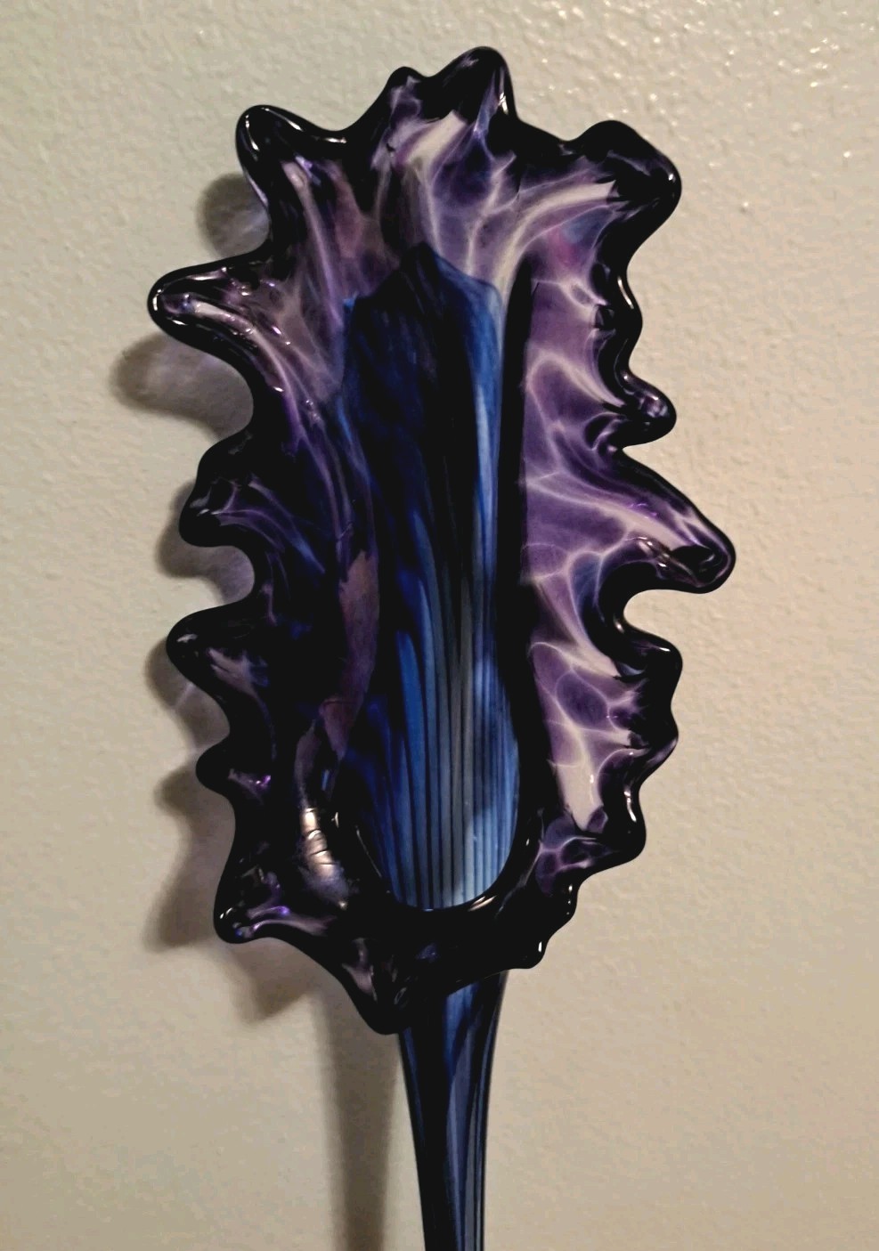 Hand Blown Art Glass Ruffled Trumpet Vase MCM Purple Blue Long Stem