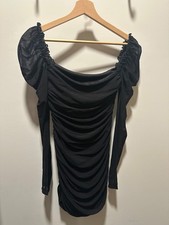 Black off-the-shoulder chiffon long sleeve ruched bodycon mini dress size small