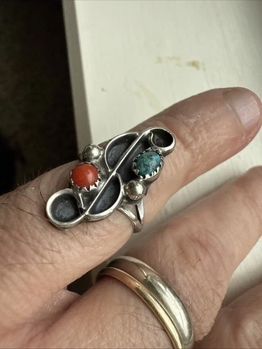 Vintage Native American Navajo Silver Turquoise Coral Ring Split Band, Size 6