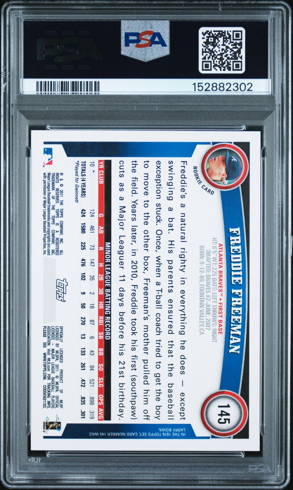 2011 TOPPS #145 FREDDIE FREEMAN ROOKIE RC PSA 9 view 2