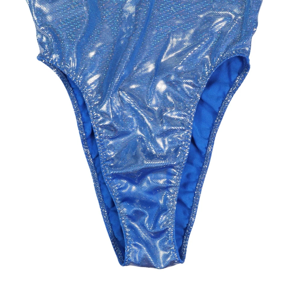 Vintage 90s Ritchie Swimsuit One Piece Shimmery Metallic Solid Blue High Leg Cut - Image 3 of 4