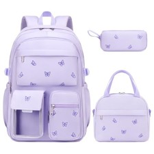 Girls Backpack - 3PCS Embroidered Backpack Set for Girls with Purple Butterfly