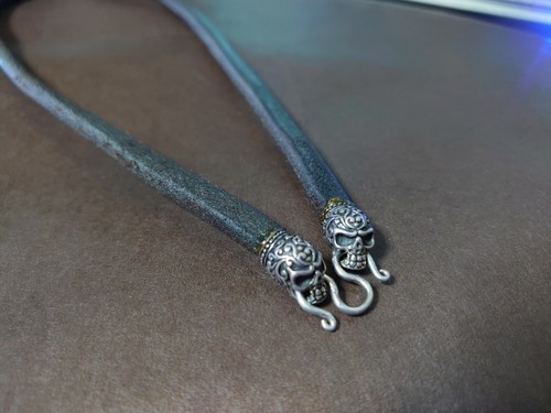 925 Silver Skull Necklace Leather Strap UK Antique, New Leather Cord