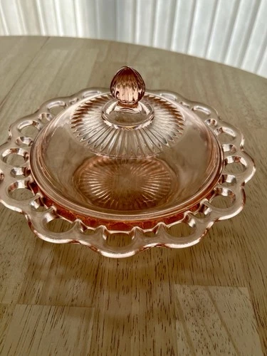 Hocking Glass Company Old Colony Lace Edge Pink Depression Glass Butter Dish.